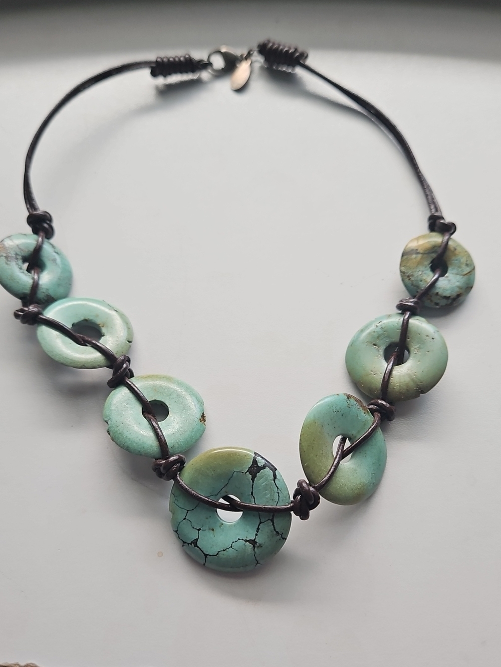 Turquoise Stone Donut Necklace - Green Blue Boho Choker 16 Inches